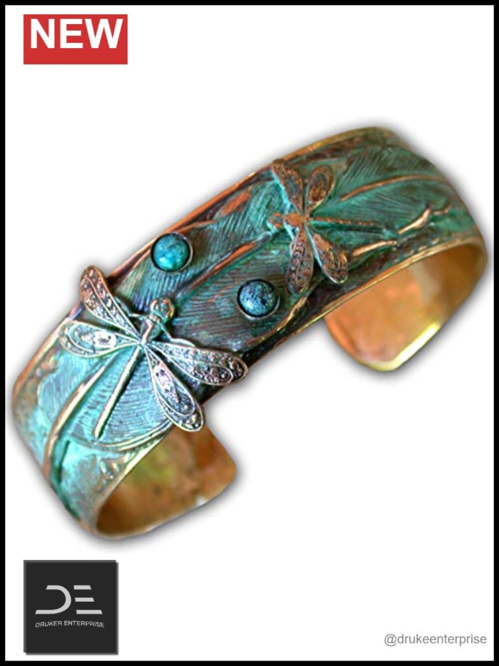 Handmade Dragonfly Cuff Bracelet with Verdigris Patina Solid Brass Turquoise
